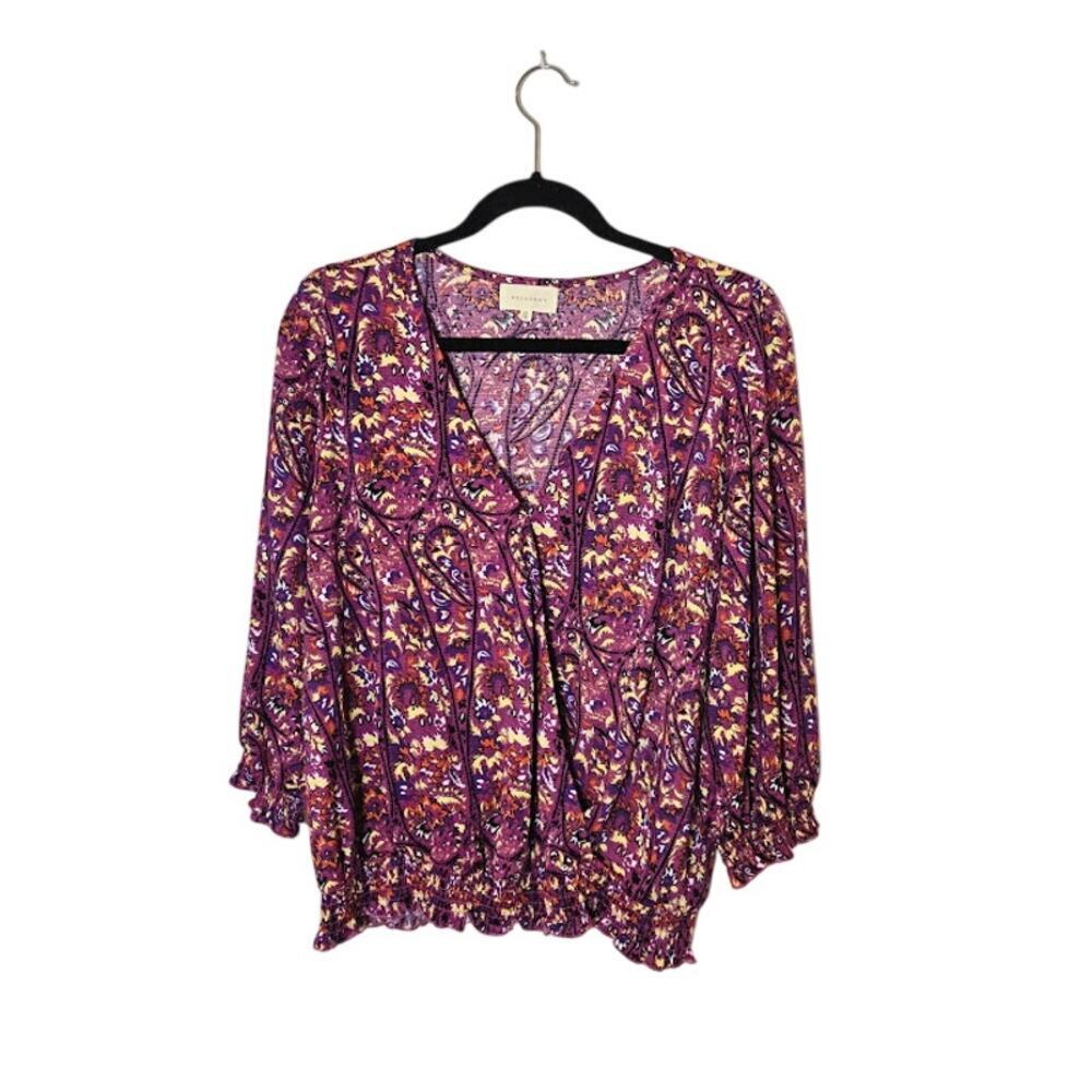 Melloday Womens Paisley Wrap Top Size XL Purple Smocked Hem Bohemian